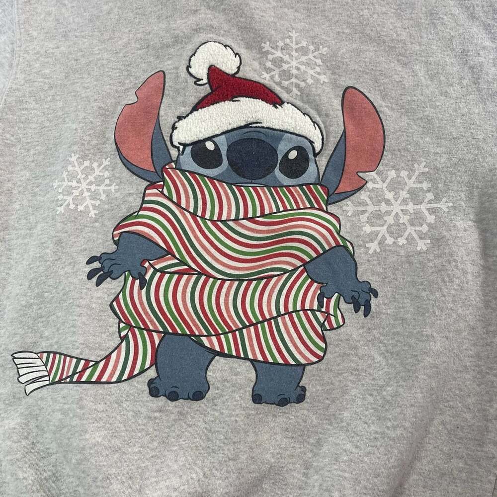 Disney Stitch Christmas Sweatshirt Size XS Gray Santa Hat Scarf
